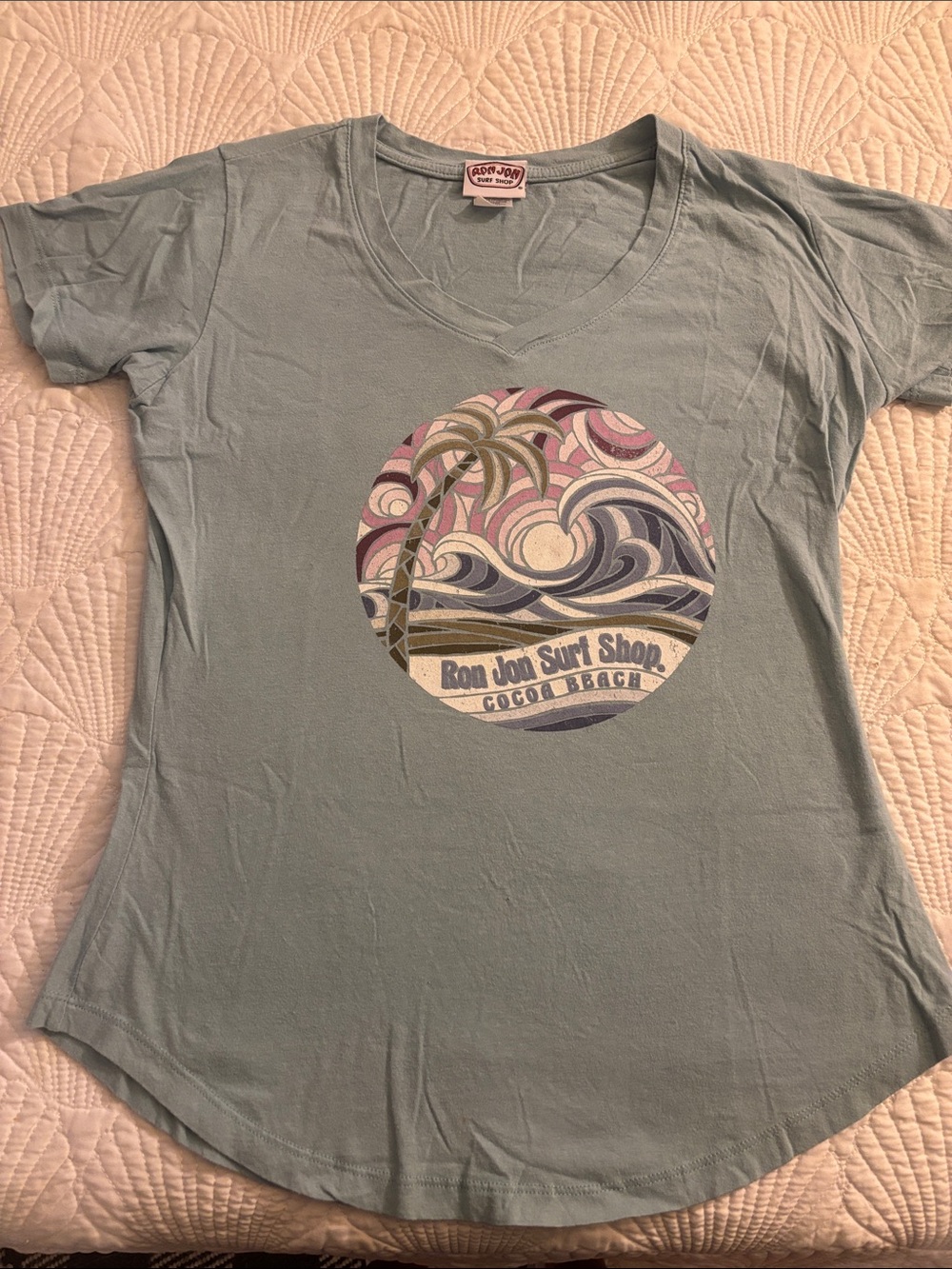 Ron Jon Light Blue Surf Circle Tee with Palm Graphic